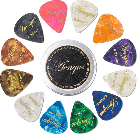 12 Plectrums in aluminium doosje - Celluloid plectrum set - thin 0.46, medium 0.71 en thick 0.96 mm